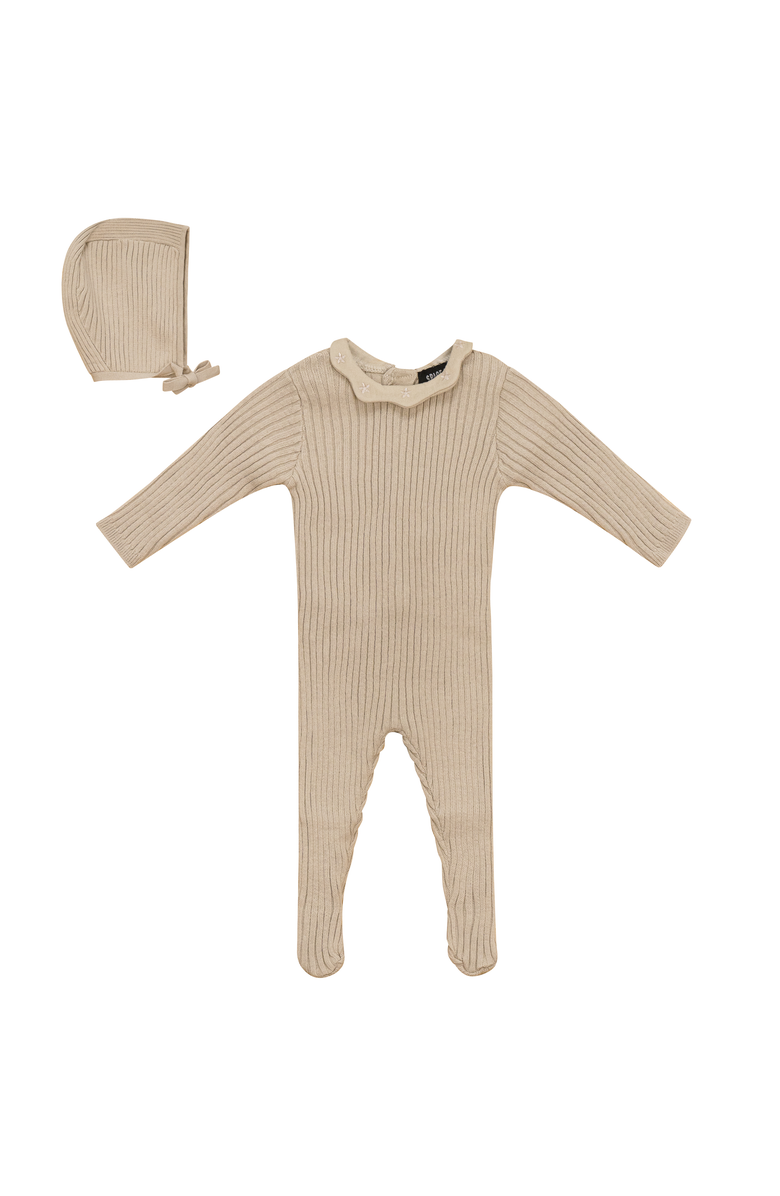 Space Grey Ruffle Collar Knitted Long Sleeve Romper and Bonnet, Main, color, Dark Almond