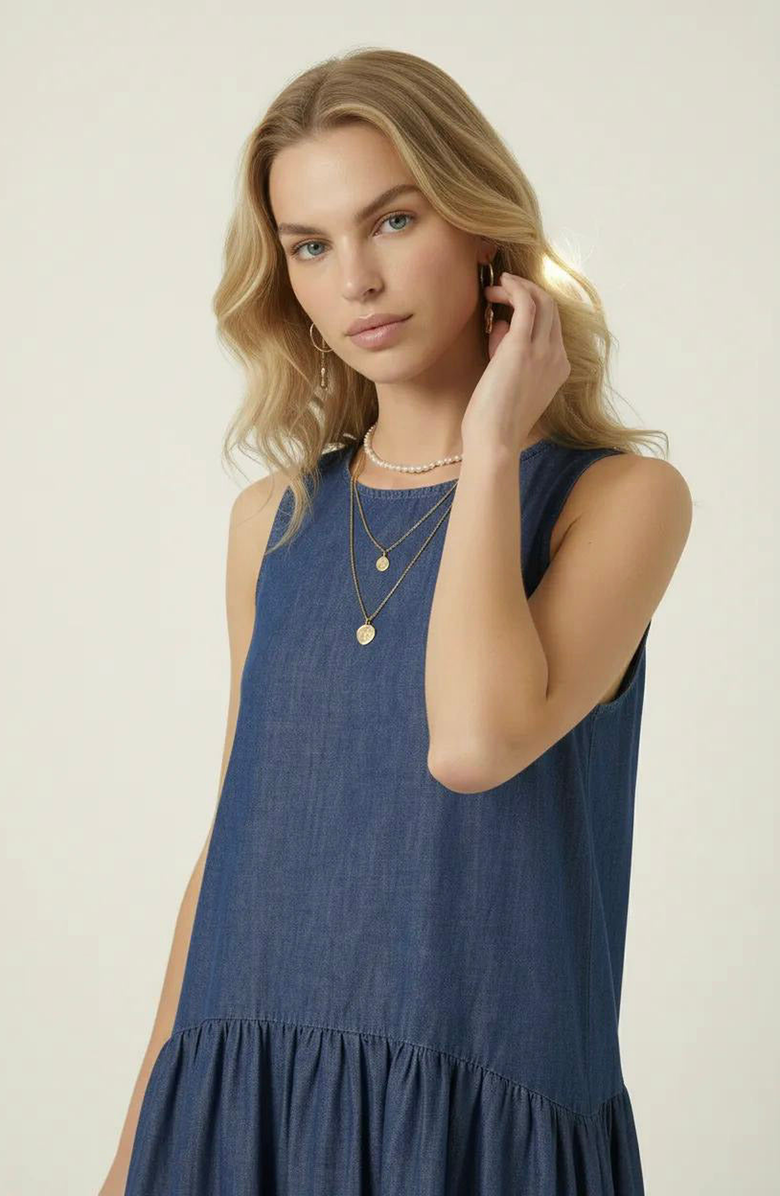 Modenaire Sleeveless Drop-Waist Gathered Relaxed-Fit Midi Dress, Alternate, color, Blue