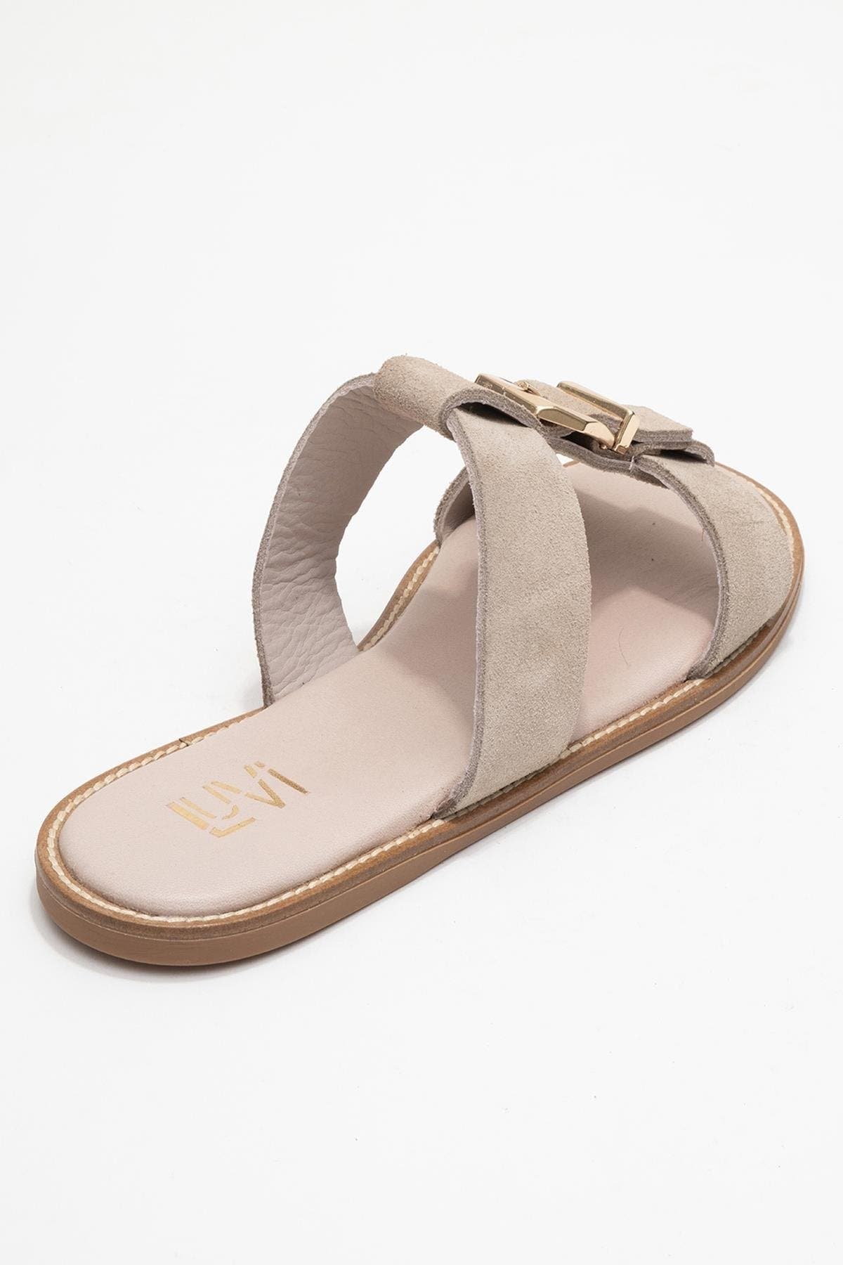 Sveta Leather Buckled Sandal, Alternate, color, Beige Suede Leather