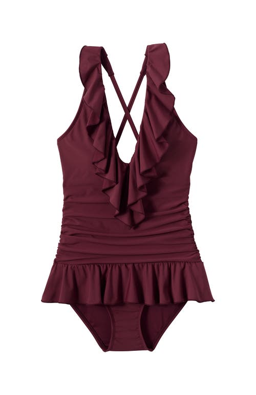 Lands' End Ruffle Plunge Skirted High Leg One Piece In Burgundy