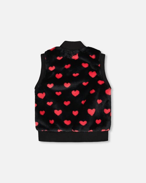 Deux Par Deux Faux Fur Sleeveless Vest With Hearts In Black