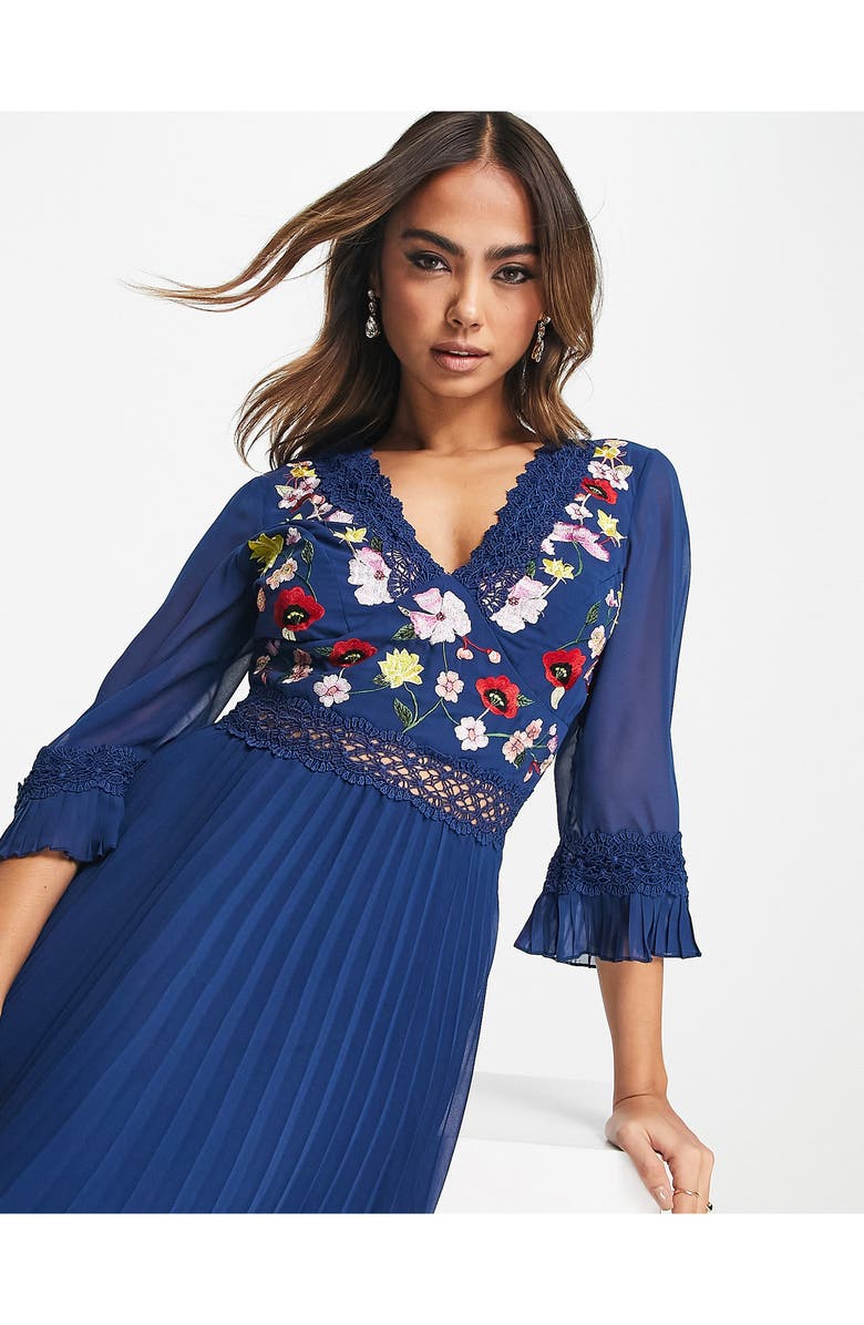 ASOS DESIGN Floral Embroidered Pleated Midi Dress, Alternate, color, 