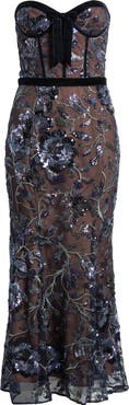 Marchesa Notte Floral Sequin Strapless Dress