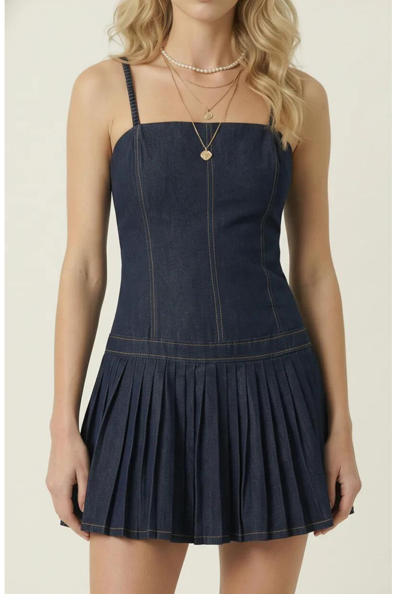 Spaghetti Strap Pleated Denim Mini Dress, Main, color, Dark Blue
