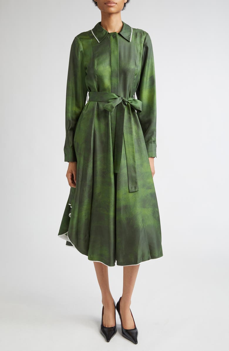 Jason Wu Collection Smudged Canvas Long Sleeve Silk Twill Shirtdress, Main, color, Dark Fern