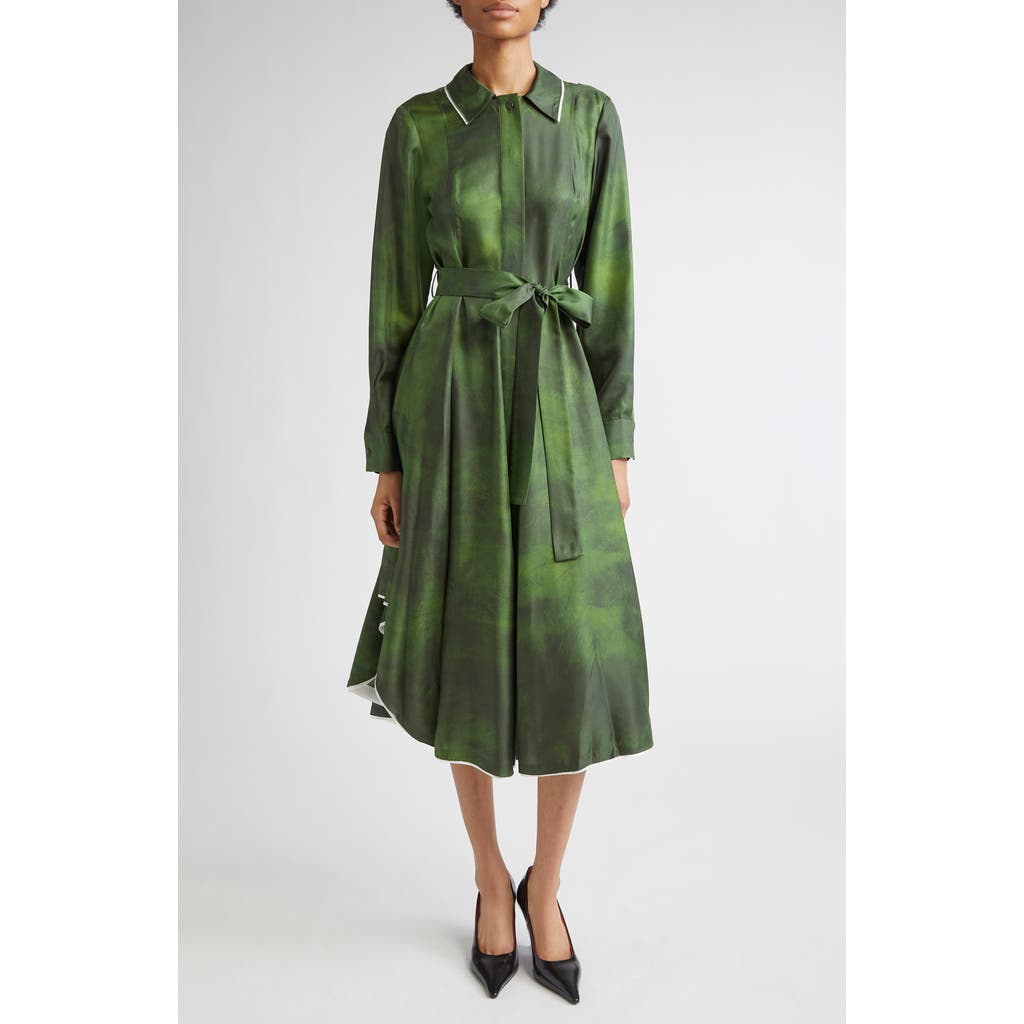 Jason Wu Collection Smudged Canvas Long Sleeve Silk Twill Shirtdress In Green