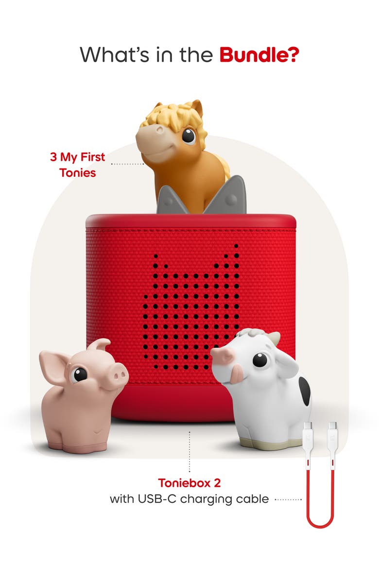 tonies Toniebox 2 with 3-Pack Farm Tonie Audio Characters Bundle, Alternate, color, Red