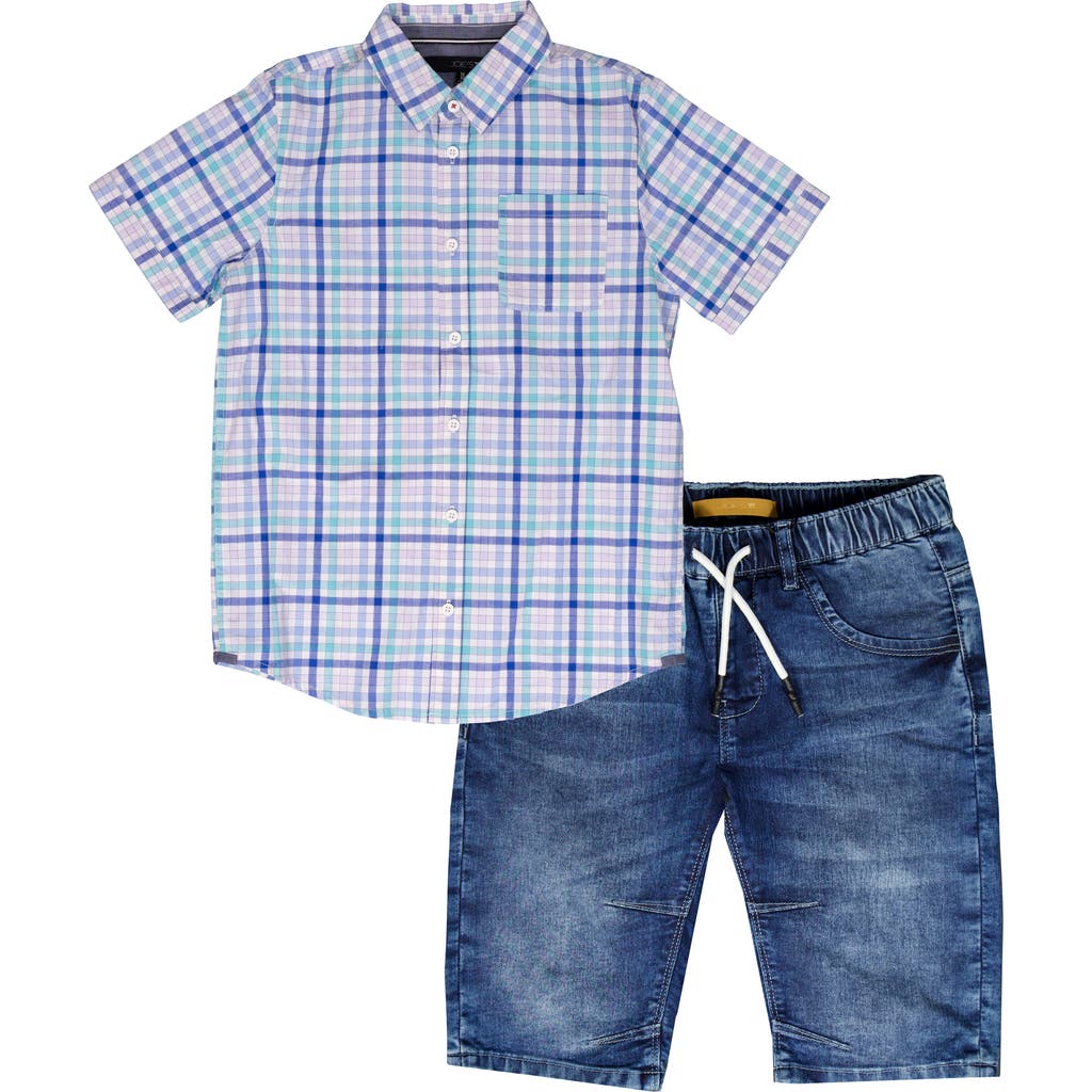 Joe's Check Short Sleeve Button-up Shirt & Denim Shorts Set In Aqua