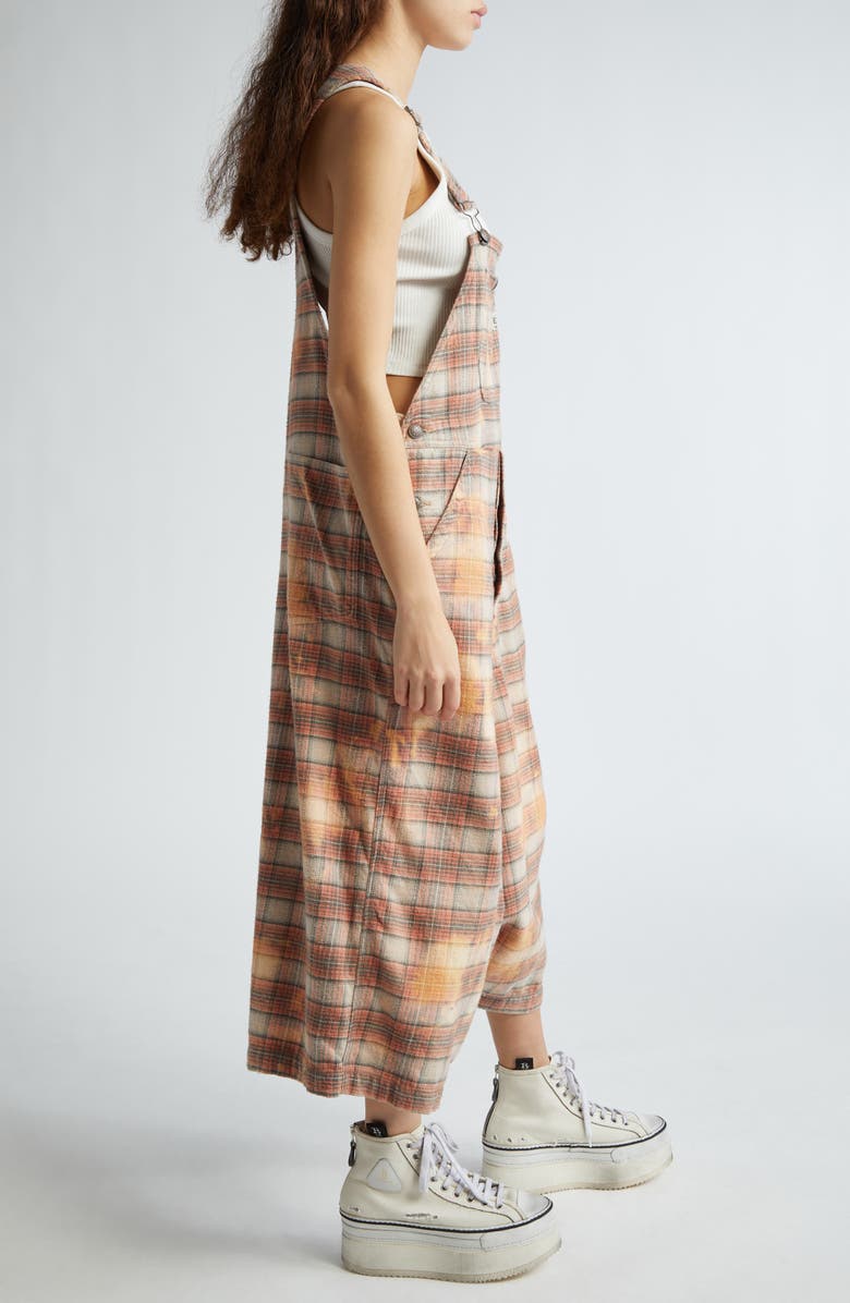 R13 Bleached Plaid Crop Jumbo Overalls, Alternate, color,