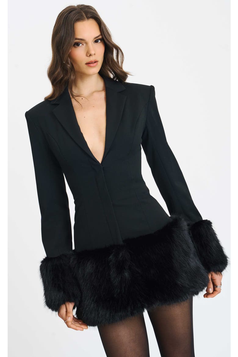 Wenona Faux Fur Trimmed V-Neck Mini Blazer Dress, Main, color, Black