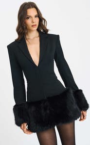 Miss Circle Wenona Faux Fur Trimmed V-Neck Mini Blazer Dress