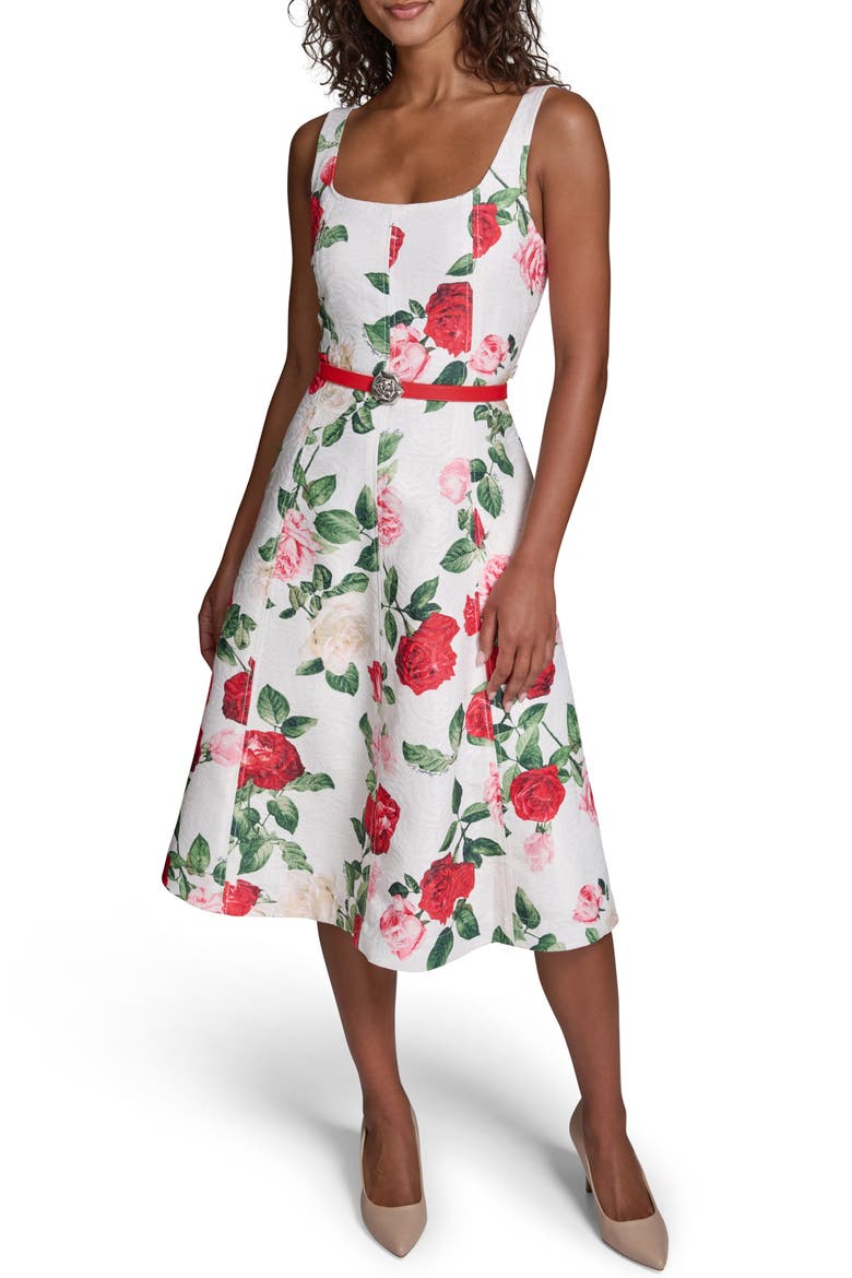Rose Brocade Belted Dress, Main, color, SOFT WHITE MULTI