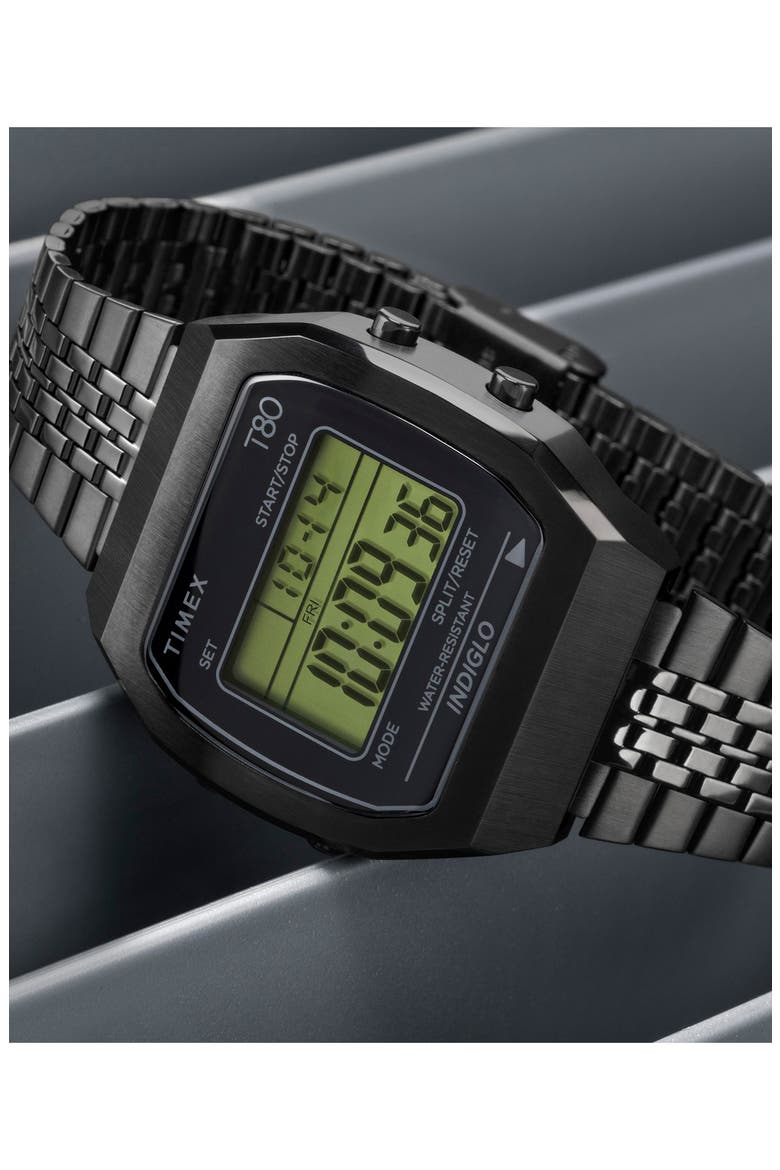 T80 Black Digital Stainless Steel Bracelet Watch, 36mm, Alternate, color, BLACK