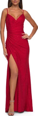 La Femme Lace Applique Sheer Back Rhinestone Jersey Dress