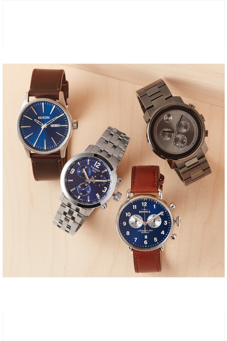 The Sentry Leather Strap Watch, 42mm, Alternate, color, BLACK/ GUNMETAL