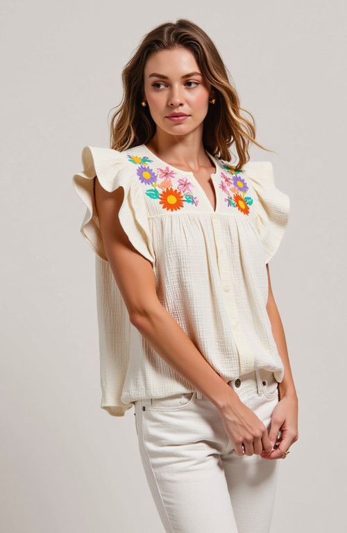 Modenaire Ruffle-sleeve Button-front Blouse With Floral Embroidery In White