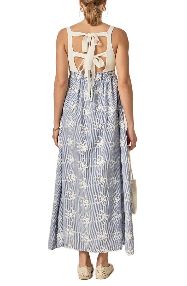 English Factory Sleeveless Tie Back Mixed Media Midi Dress, Alternate, color, Blue/ White