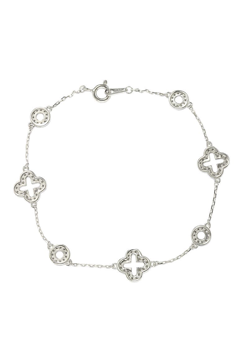 Sterling Silver Pavé CZ Clover Station Bracelet, Alternate, color, WHITE