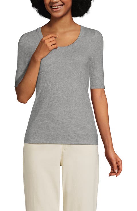 Plus Size Drapey Rib Fitted Elbow Sleeve Scoop Neck Tee