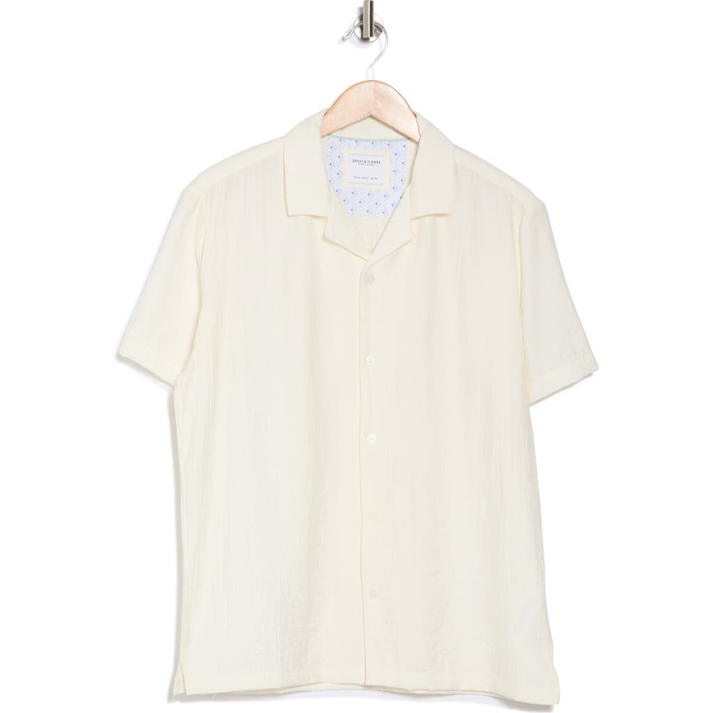 Denim And Flower Crinkled Textured Short Sleeve Shirt