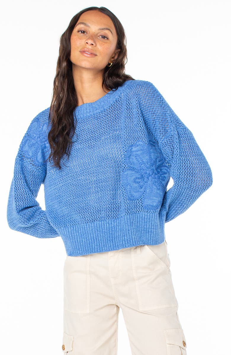 Roxy Leia Floral Embroidered Open Stitch Linen Blend Sweater, Alternate, color, 