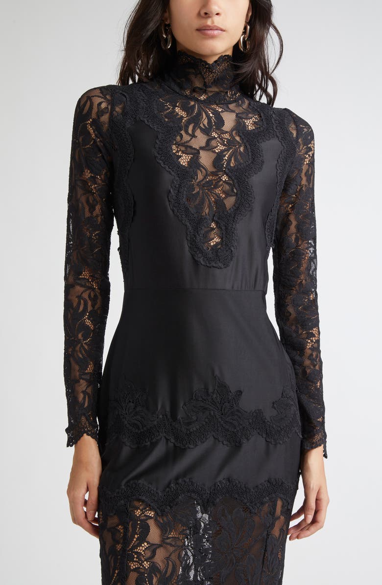 Rabanne Long Sleeve Lace & Jersey Dress, Alternate, color, Black