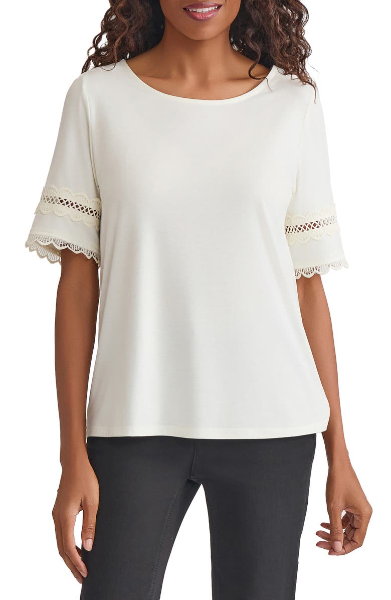 Jones New York Lace Cutout Trim Top, Main, color, Jones White