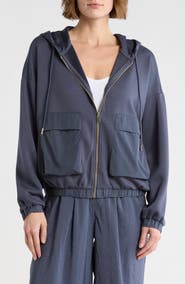 T Tahari Mixed Media Zip Up Hoodie