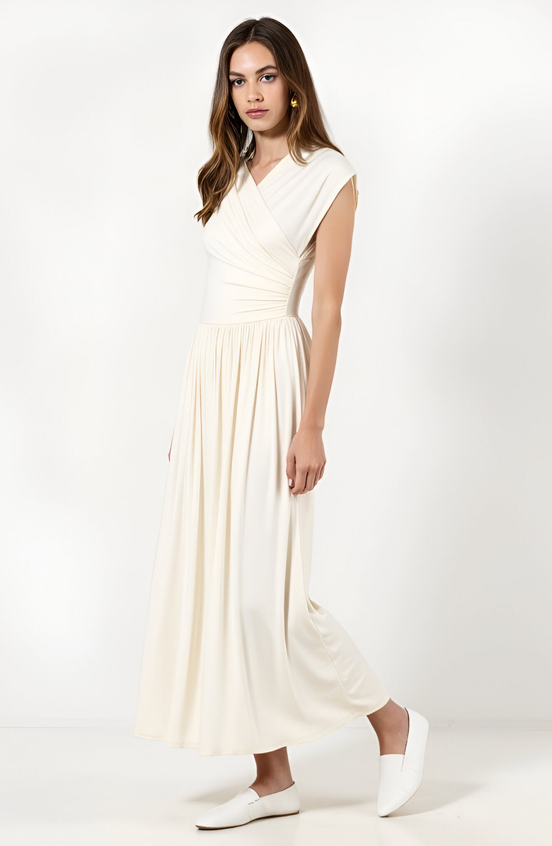 Modenaire Sleeveless Faux Wrap Maxi Dress with Shirred Waist and Flowy Skirt, Alternate, color, Ivory