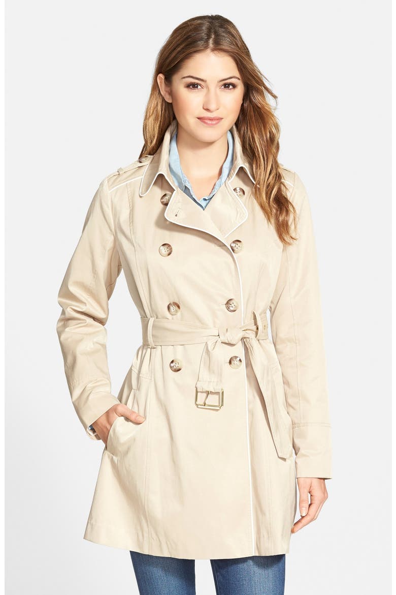 Piped Fit & Flare Trench Coat, Main, color, KHAKI