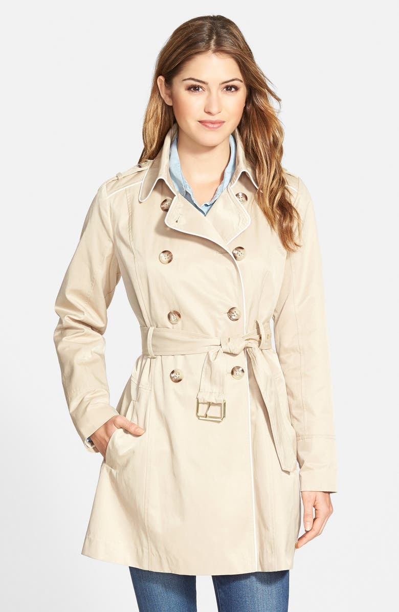 GUESS Piped Fit & Flare Trench Coat, Main, color, 