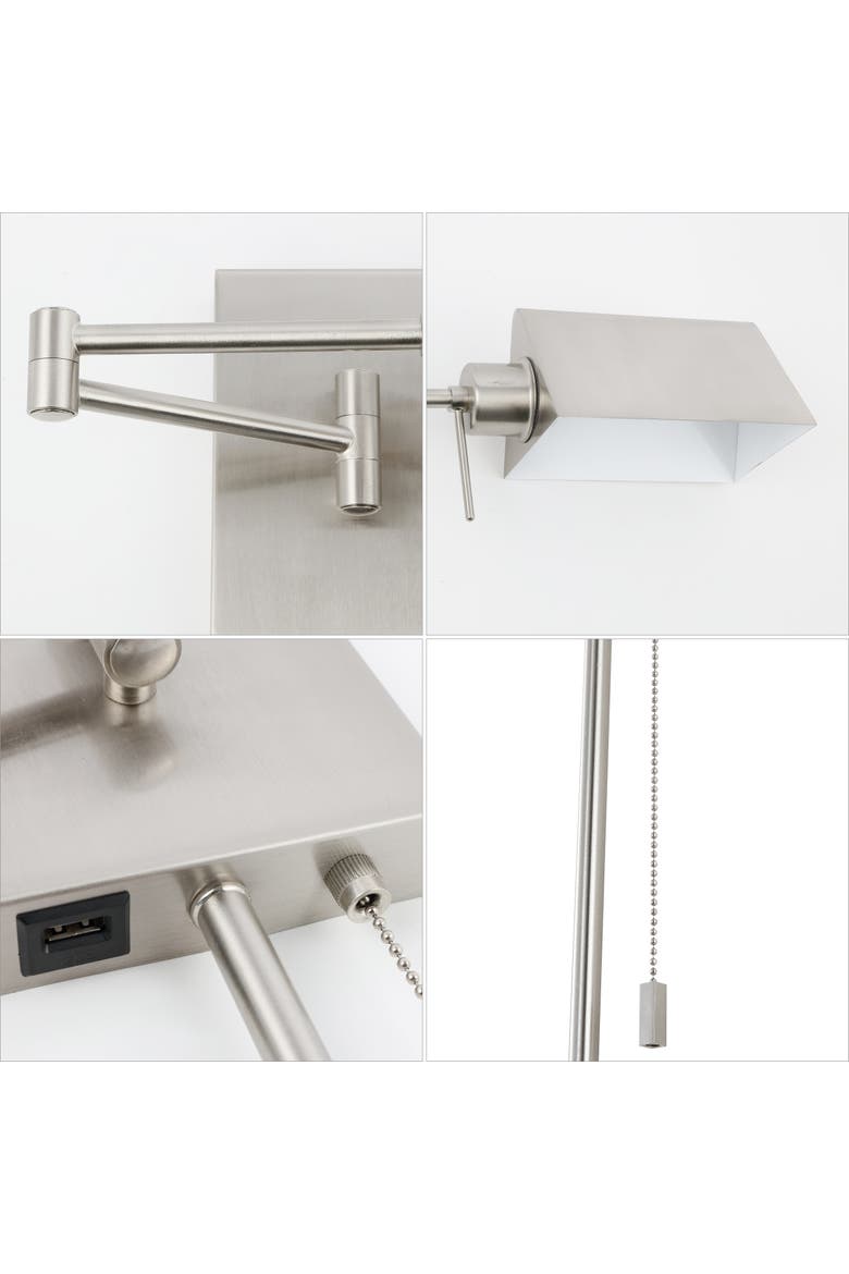 Arlo 1-Light Farmhouse Industrial Single Swing Arm Plug-In or Hardwired Iron LED Wall Sconce with Pull-Chain USB Charging Port, Alternate, color, Nickel