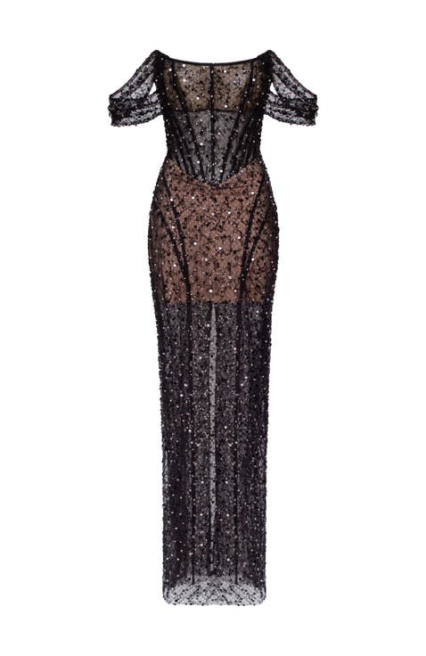 Striking black sequined fitted maxi dress