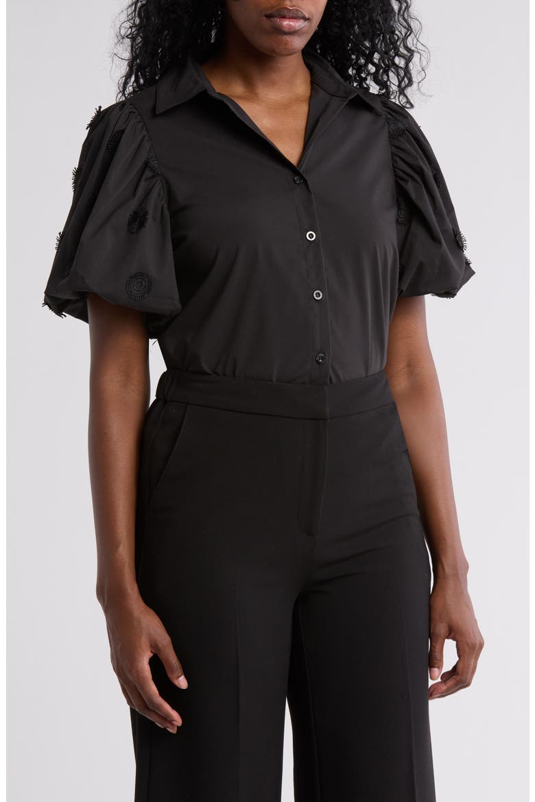 Jayla Embroidered Puff Sleeve Button-Up Shirt, Main, color, BLACK