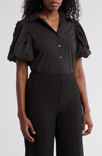 By Design Jayla Embroidered Puff Sleeve Button-up Shirt In Black