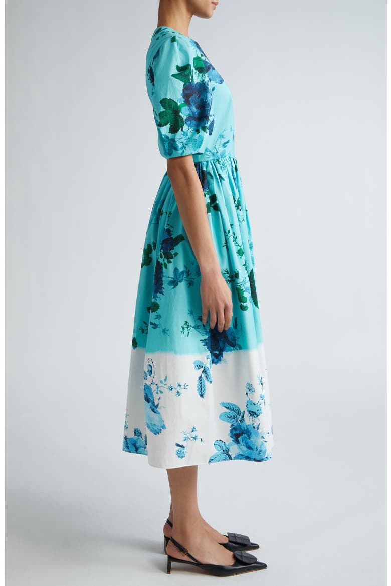 Dégradé Floral Puff Sleeve Cotton Dress, Alternate, color, KINGFISHER AND WHITE
