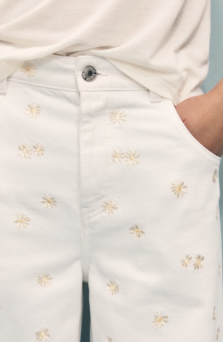 MANGO Flower Embroidered Wide Leg Jeans, Alternate, color, Off White