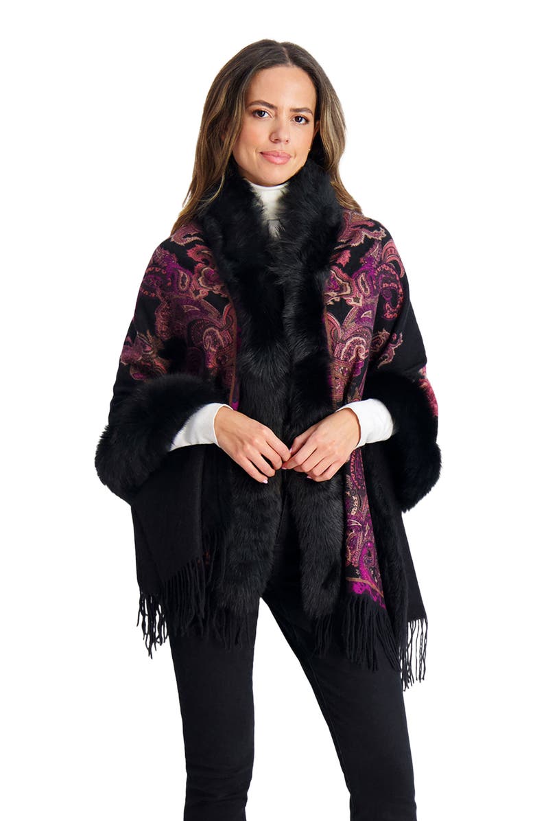GORSKI Cashmere Stole Shearling Lamb Trim, Alternate, color, Red Paisley