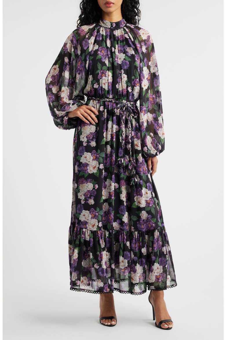 Jasmine Floral Tie Waist Maxi Dress, Main, color, BLACK PURPLE MAUE