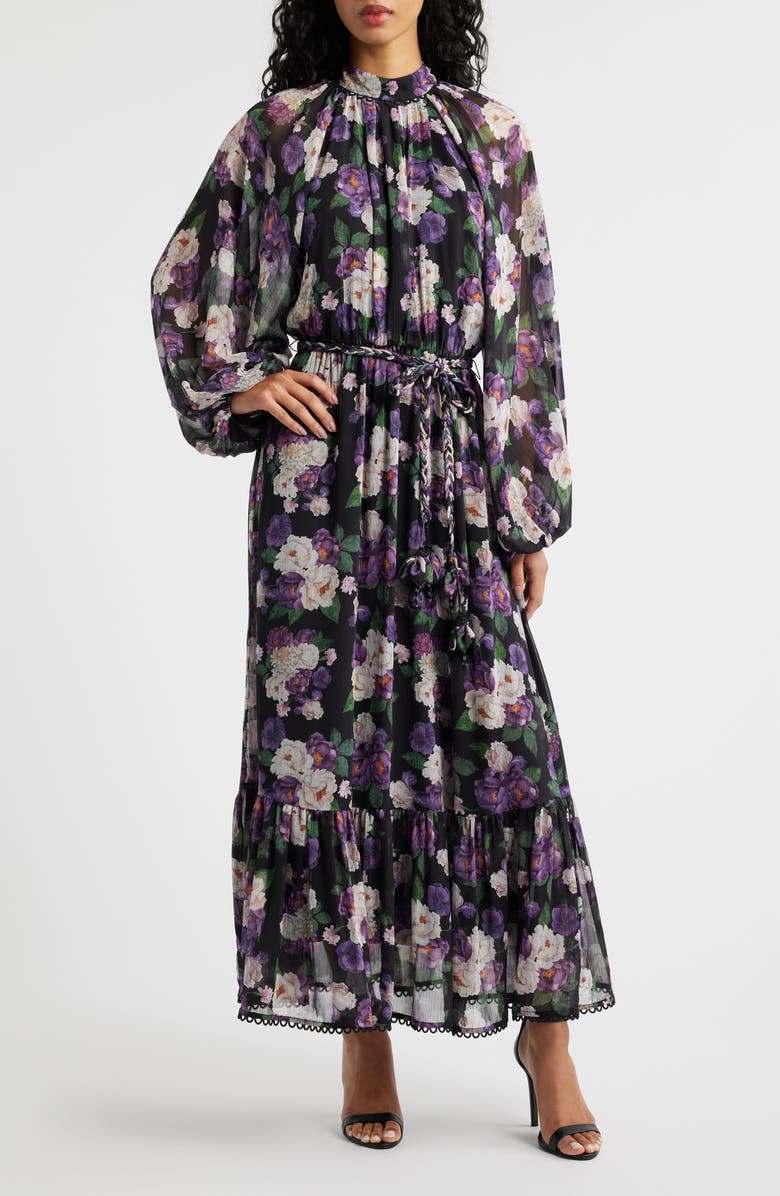 En Saison Jasmine Floral Tie Waist Maxi Dress, Main, color, Black Purple Maue