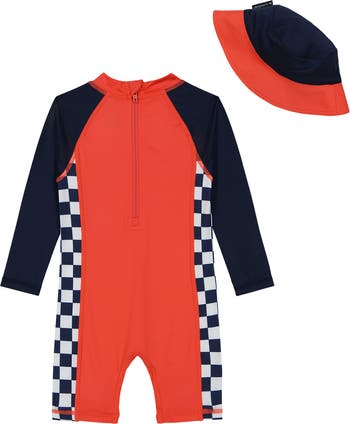 Long Sleeve One-Piece Rashguard Swimsuit & Sun Hat Set
