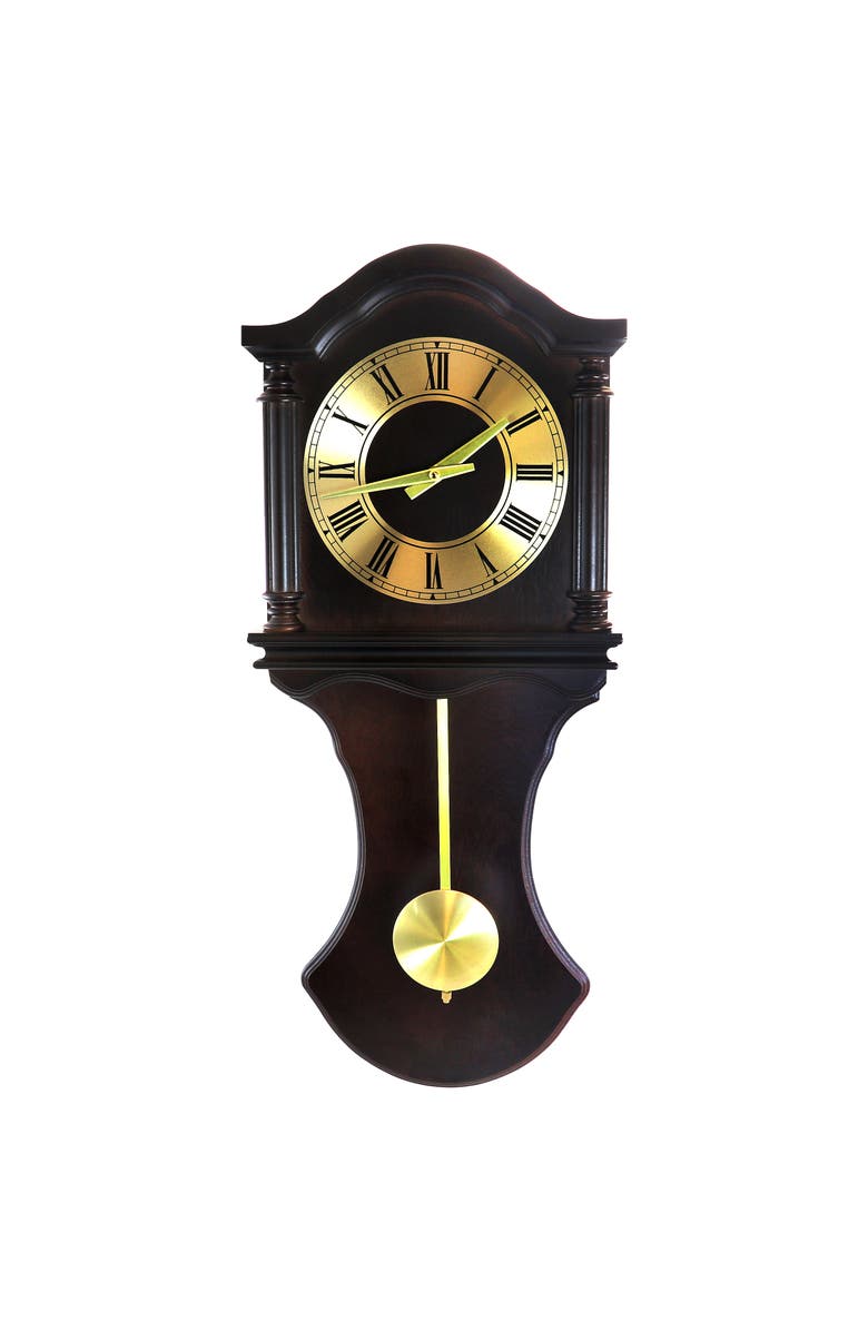 Bedford Clock Collection 27.5in Wall Clock with Pendulum Chocolate Oak Finish, Alternate, color, Chocolate