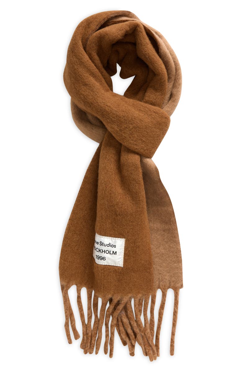 Acne Studios Logo Label Alpaca & Wool Blend Fringe Scarf, Main, color, Camel/ Beige
