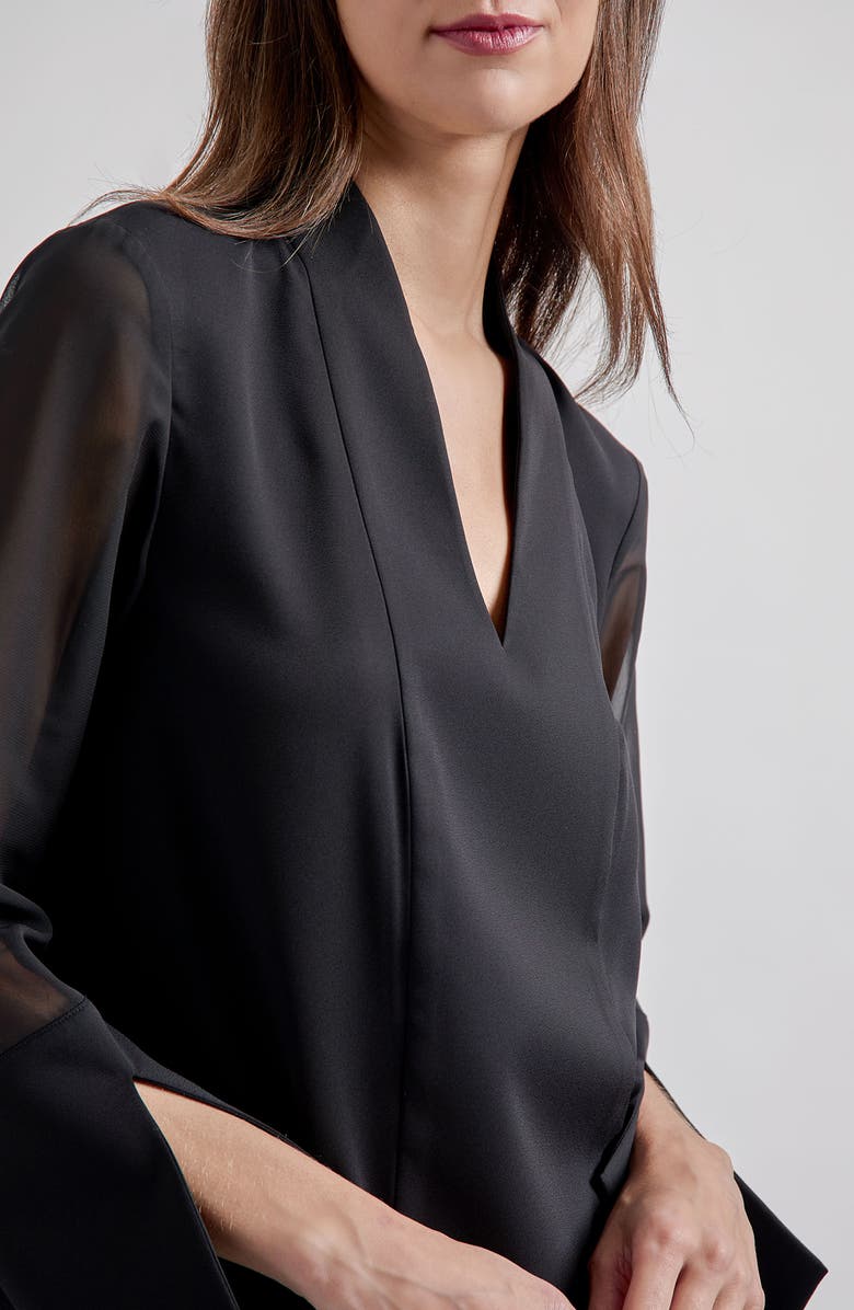 Misook Sheer Sleeve Crêpe de Chine Top, Alternate, color, Black