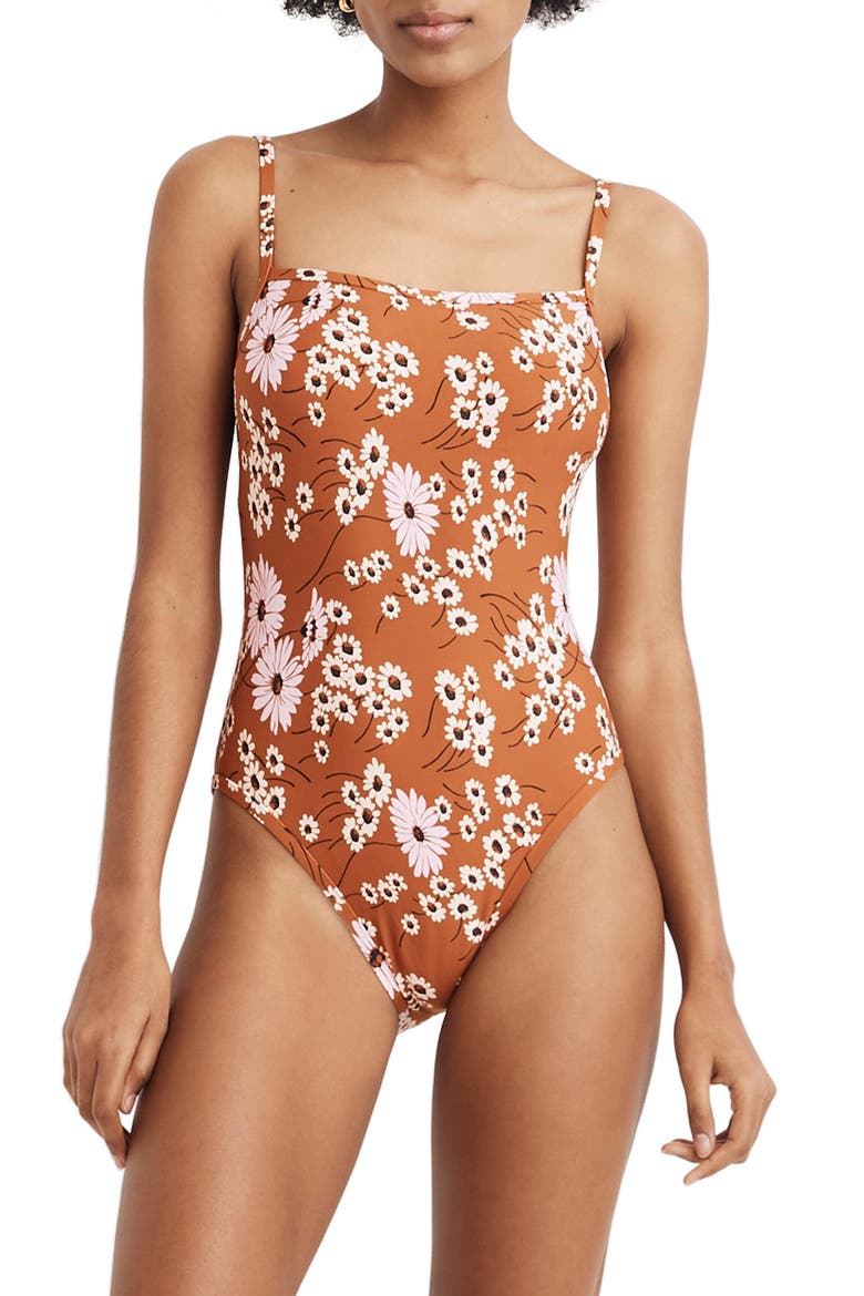 Second Wave Daisy Print One-Piece Swimsuit, Main, color, BURNT CLAY