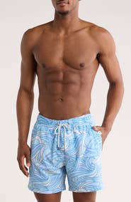 Vintage Summer Print Seersucker Volley Swim Trunks