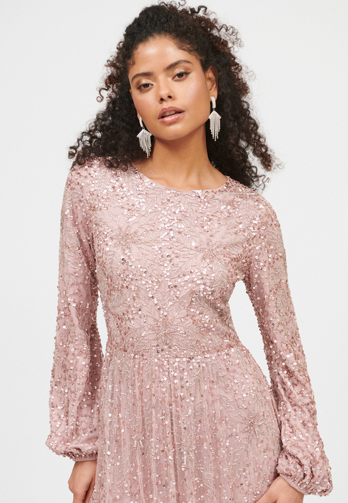 Shop Maryisa Occasion Modest Embellished Sequin Beaded Floral Evening Dress In Frosted Pink