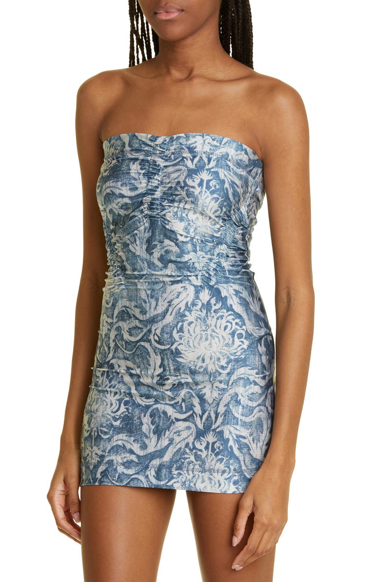 Knwls Skinn Print Ruched Strapless Minidress, Alternate, color, 