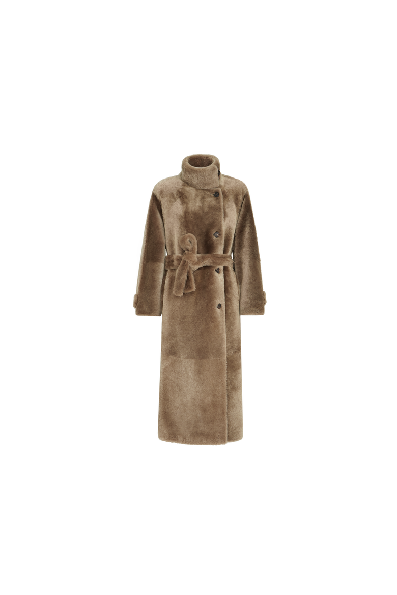Shearling coat with belt and monili, Alternate, color, Light Brown