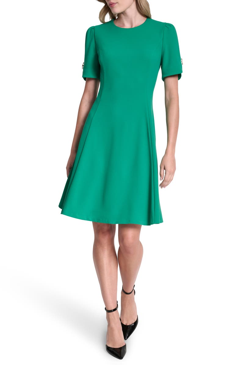 DKNY Button Trim Fit & Flare Midi Dress, Main, color, Parakeet